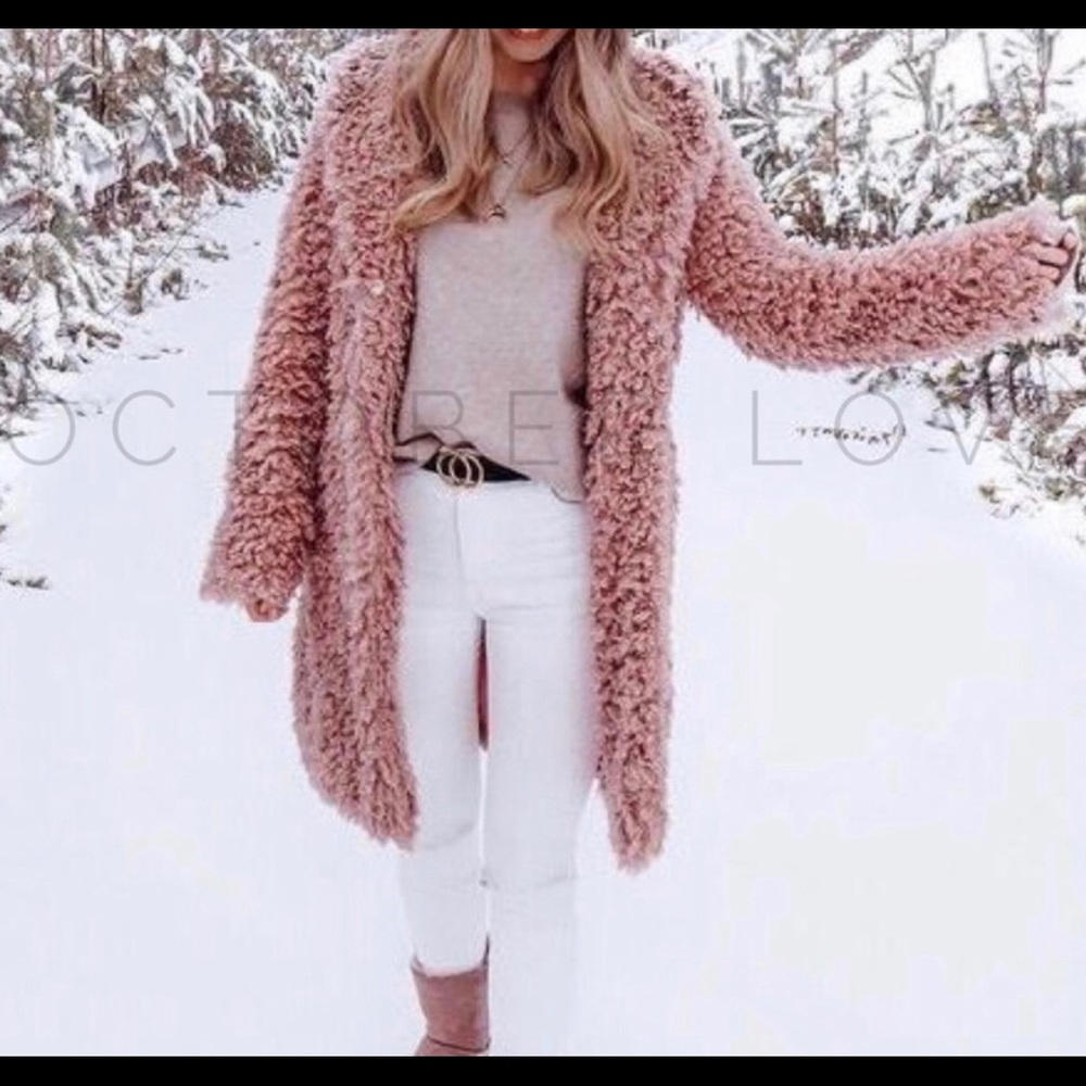 Knee length pink teddy coat